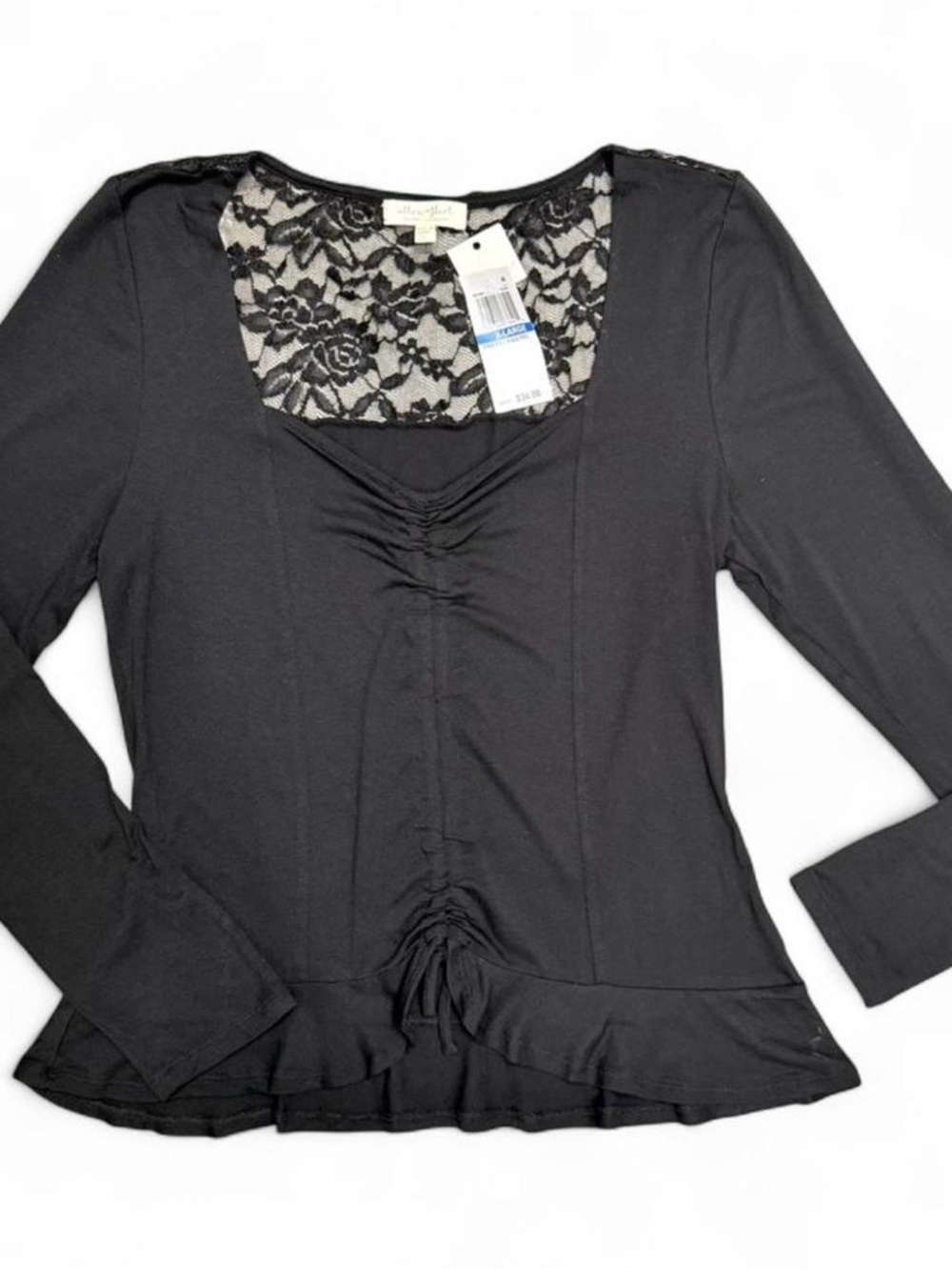 Ultra Flirt Black Long Sleeve Lace-Back Ruched Top